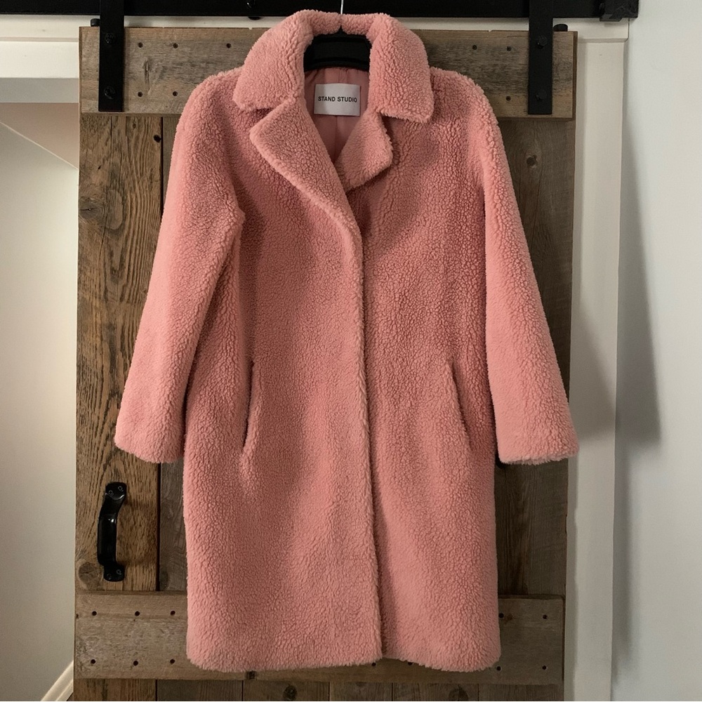 Women’s 38 STAND STUDIO CAMILLE COCOON Champagne Pink Fleece Teddy Coat EXC